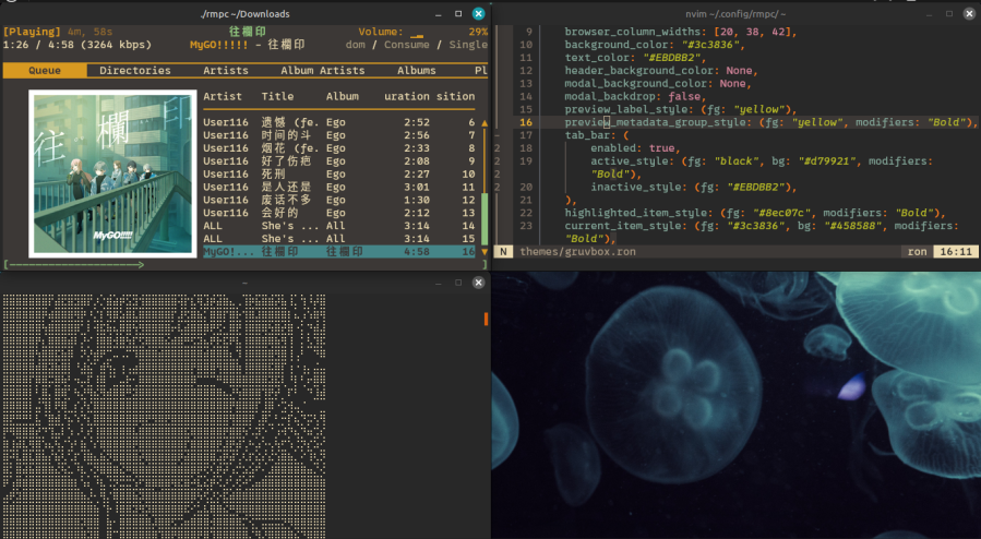 Screenshot
of my desktop showing rmpc, neovim, and terminal.
