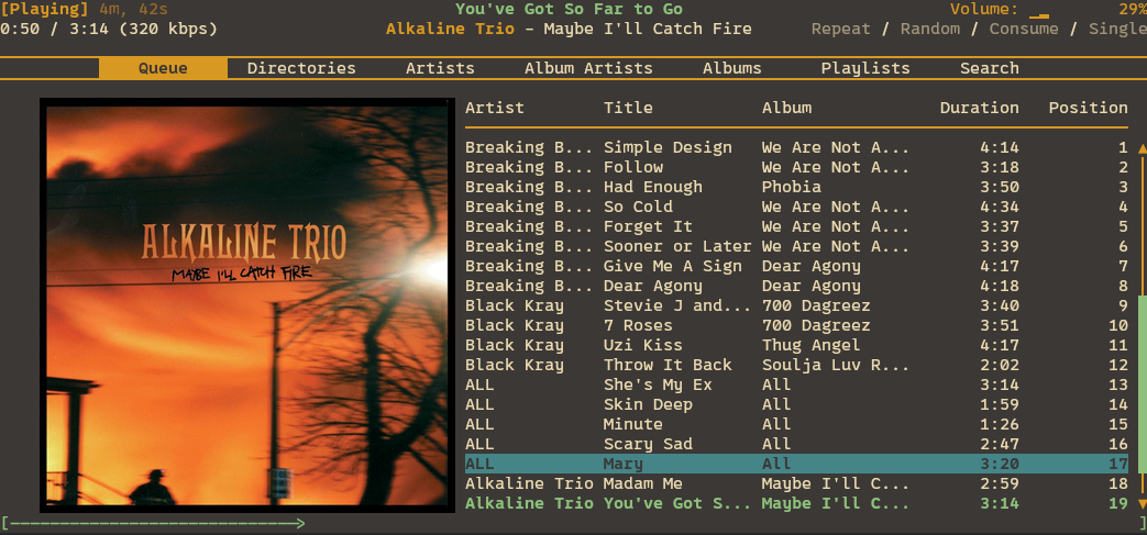 Screenshot showing my rmpc queue tab.